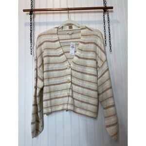 NWT American Eagle Striped V-Neck Sweater Cardigan Beige Tan Lounge Topper Sz M